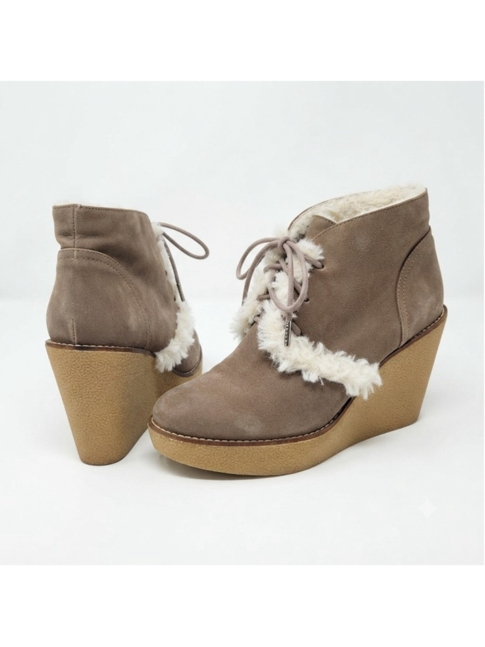 Gap Gwen Brown Suede Shearling Lace-Up Platform Wedge Ankle Boots Size L / 7-7.5